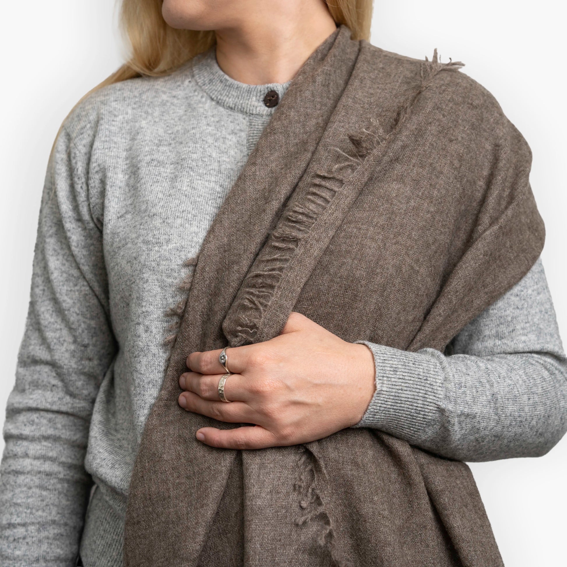 Dark Brown Pure Yak Wool Shawl showing hand-frayed fringe edging