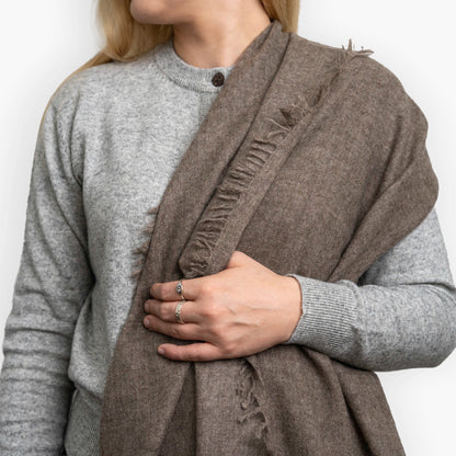 Dark Brown Pure Yak Wool Shawl showing hand-frayed fringe edging