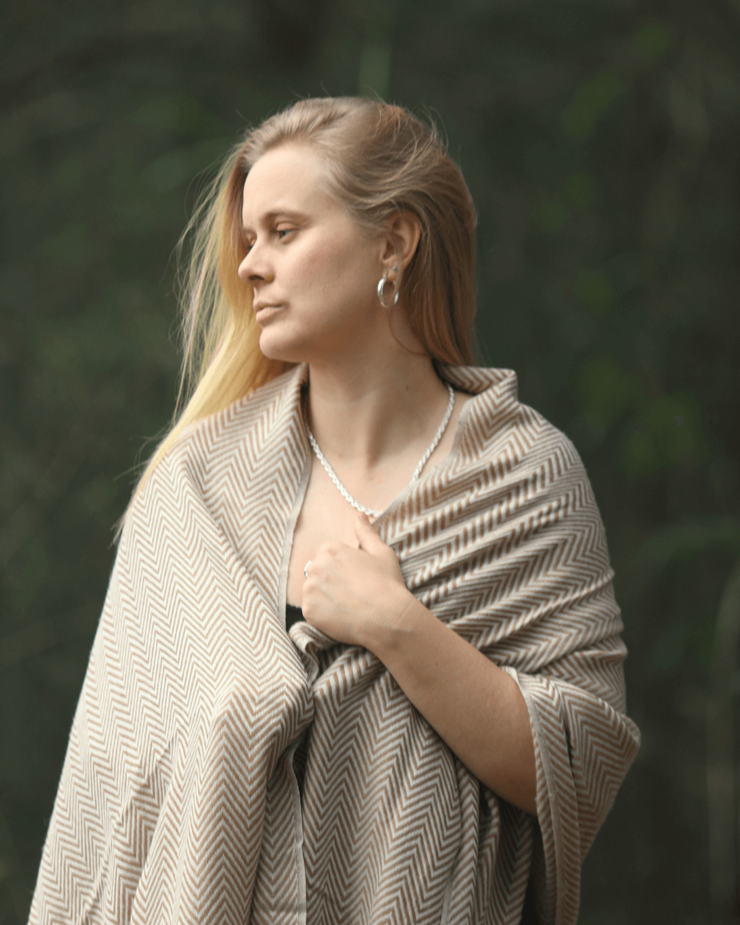 model wearing pashmina cashmere shawl