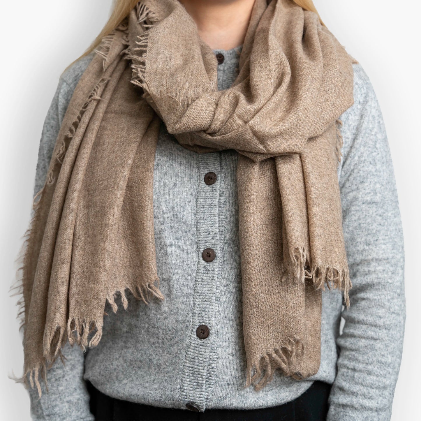 Natural Brown Pure Yak Wool Shawl draped around shoulders, cashmere-soft weave