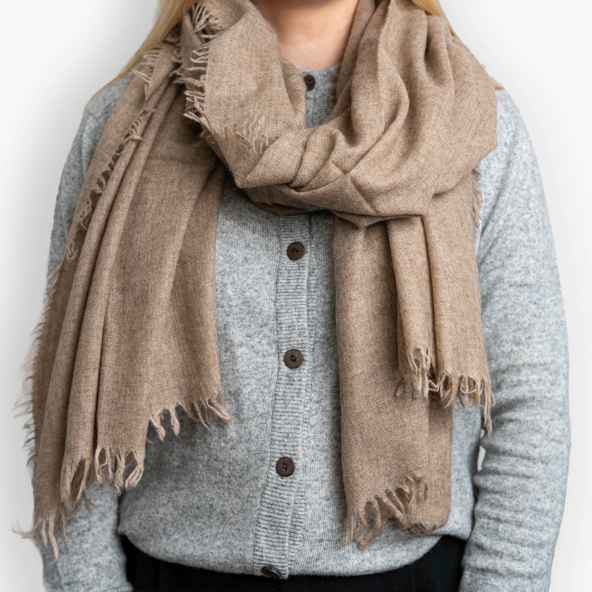Natural Brown Pure Yak Wool Shawl draped around shoulders, cashmere-soft weave
