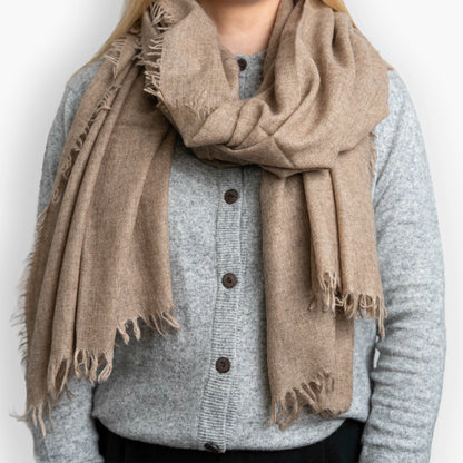 Natural Brown Pure Yak Wool Shawl draped around shoulders, cashmere-soft weave