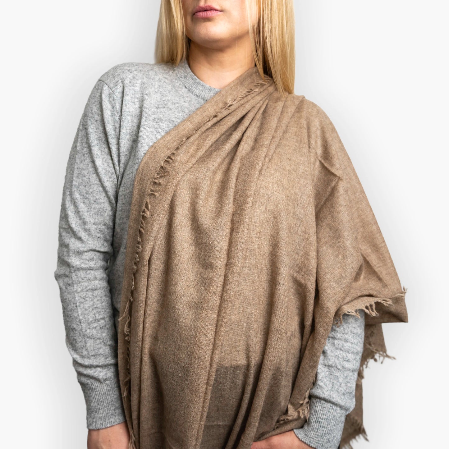 Natural Brown Pure Yak Wool Shawl with hand-frayed fringe edging