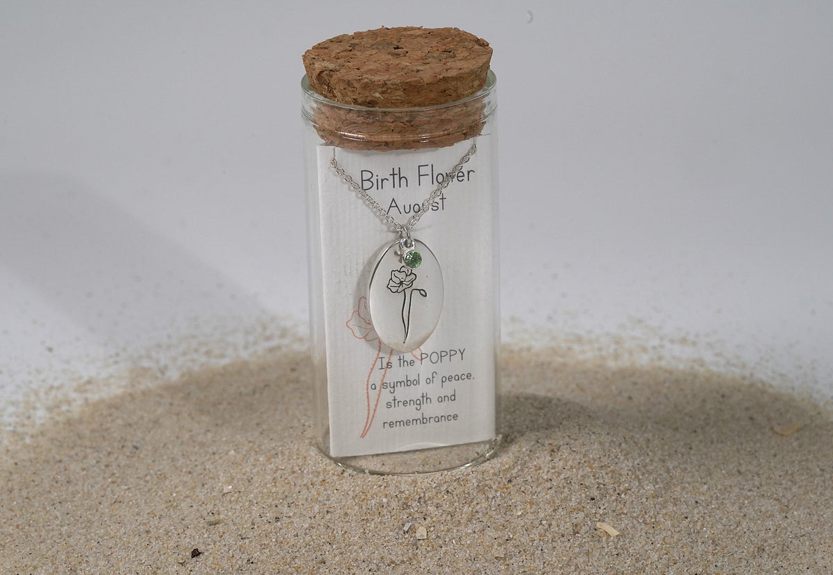 Silver Oval Birth Flower Necklace - Griha Threads & Treasure