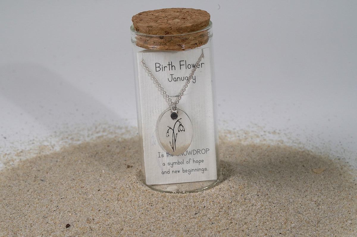 Silver Oval Birth Flower Necklace - Griha Threads & Treasure