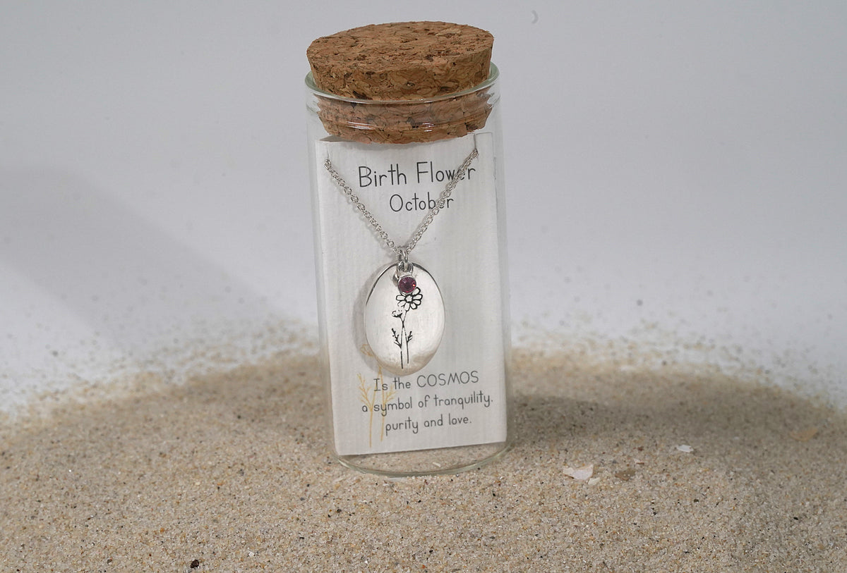 Silver Oval Birth Flower Necklace - Griha Threads & Treasure