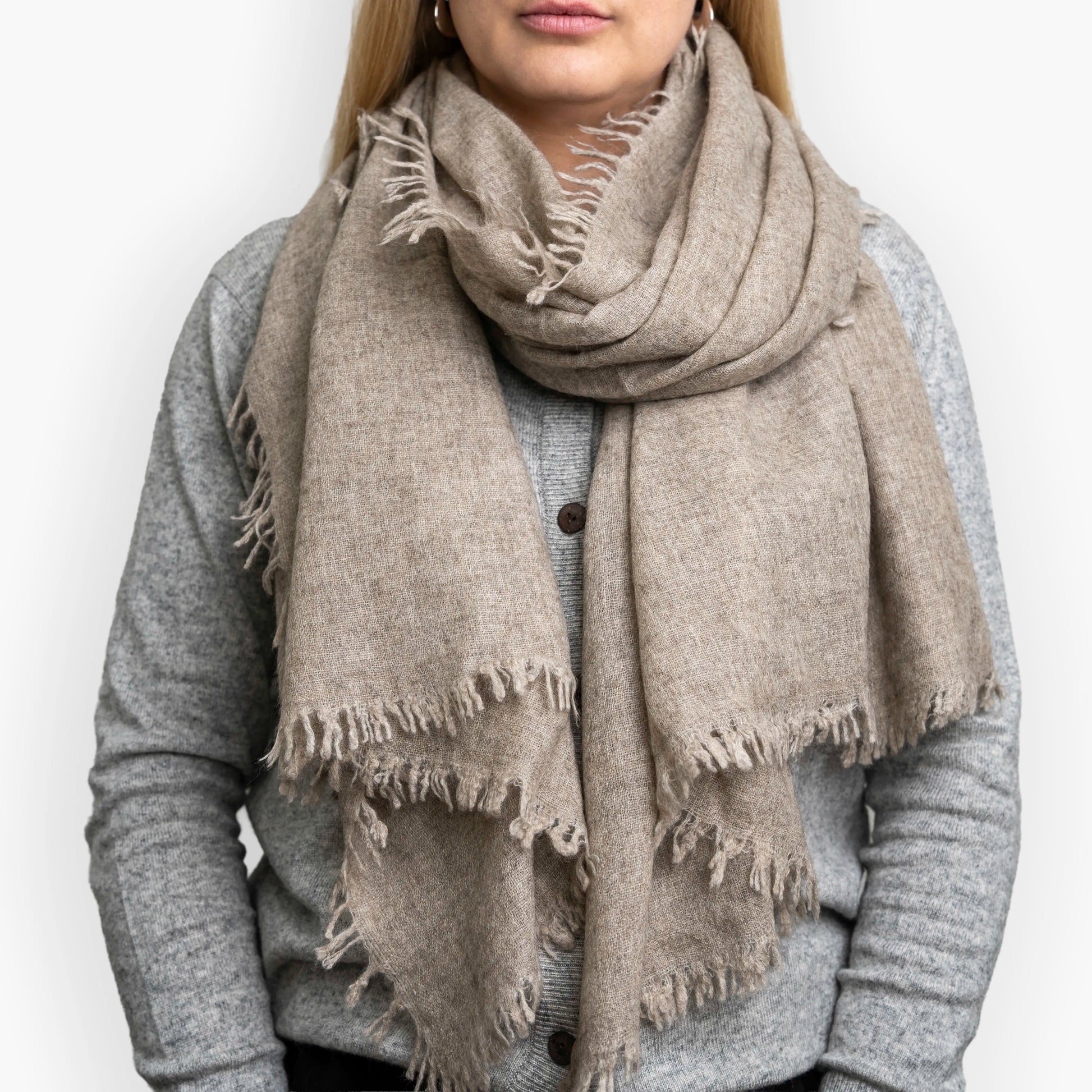 Sand Pure Yak Wool Shawl draped around shoulders