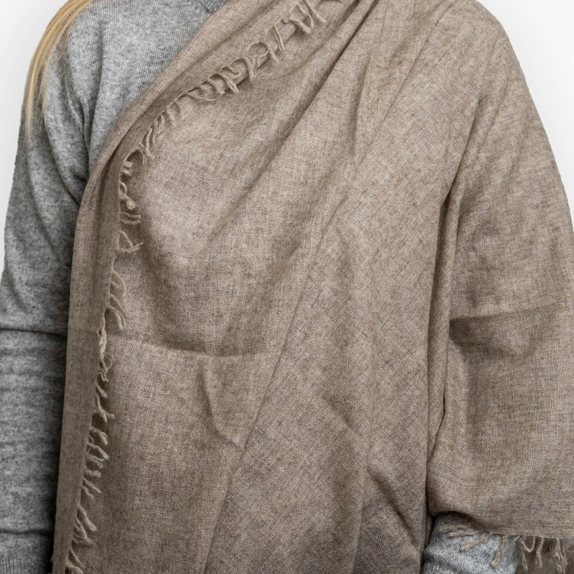 Sand Pure Yak Wool Shawl styled close-up