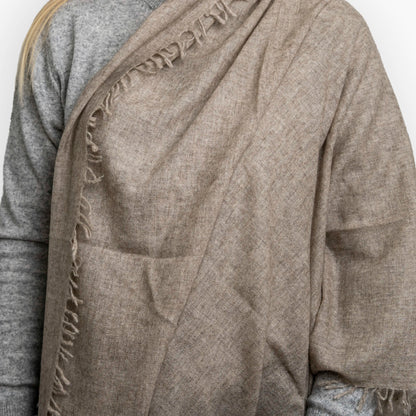 Sand Pure Yak Wool Shawl styled close-up
