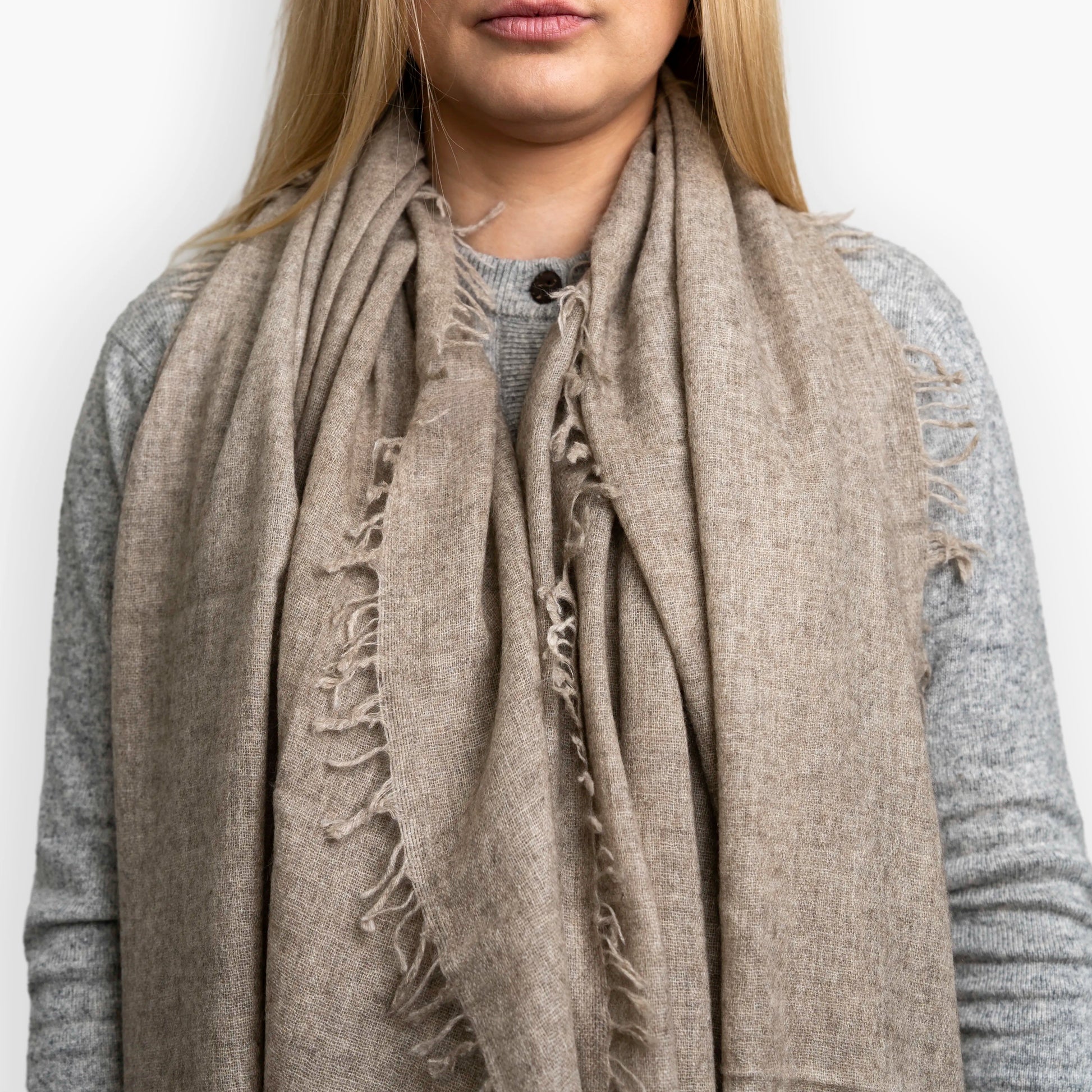 Sand Pure Yak Wool Shawl showing hand-frayed fringe edging