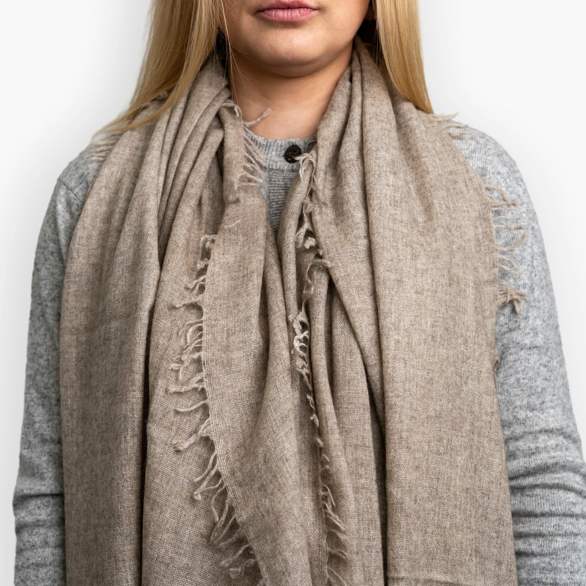 Sand Pure Yak Wool Shawl showing hand-frayed fringe edging