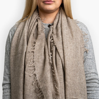Sand Pure Yak Wool Shawl showing hand-frayed fringe edging