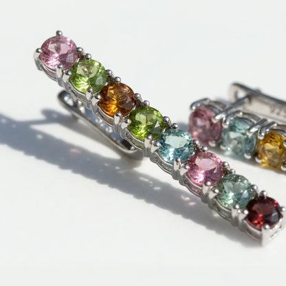 Sterling Silver Tennis Drop Earring set with natural muti color tourmaline gemstones