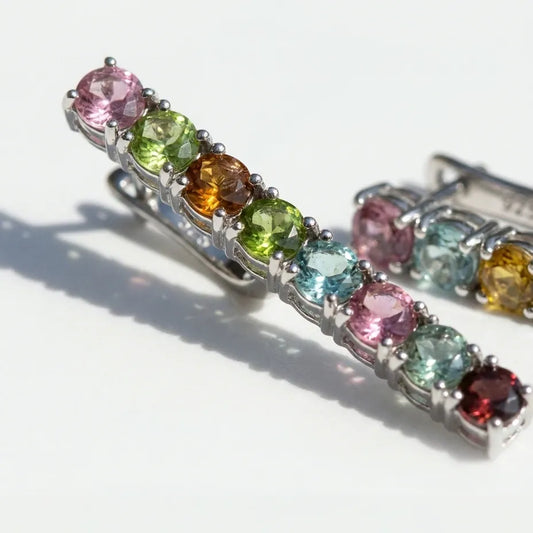Sterling Silver Tennis Drop Earring set with natural muti color tourmaline gemstones
